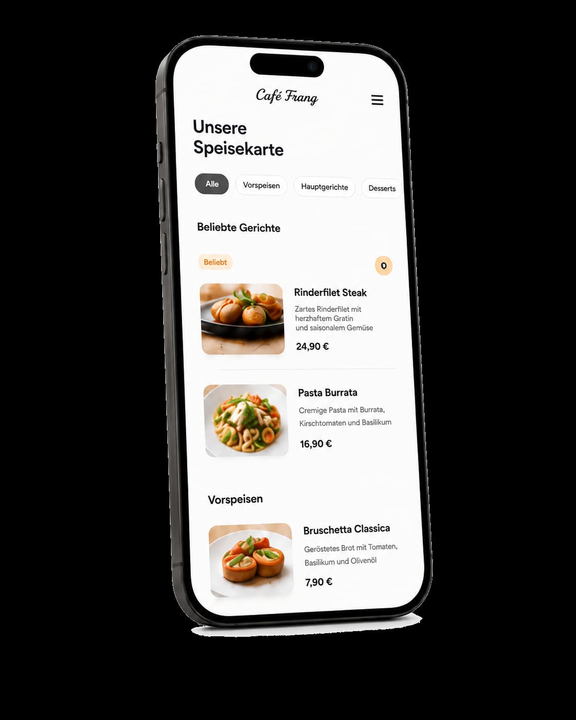 Smartphone mit einer digitalen Café-Speisekarte und bebilderten Gerichten.
