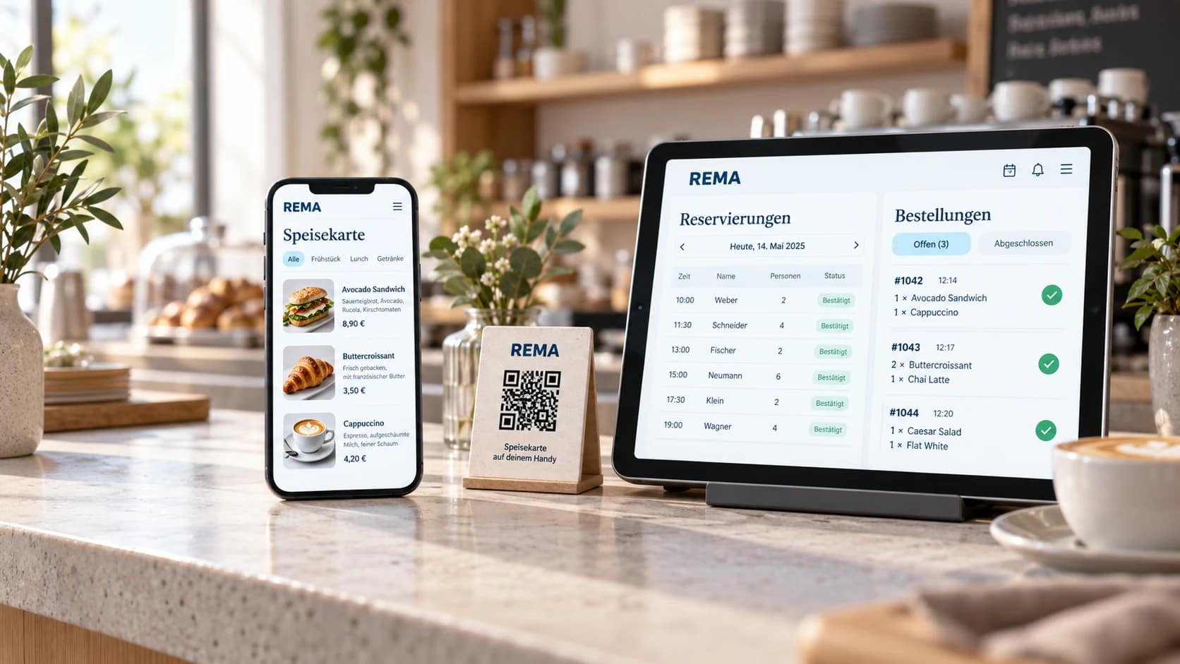 Smartphone mit digitaler Speisekarte, QR-Aufsteller und Tablet mit Reservierungen und Bestellungen in einem Café.