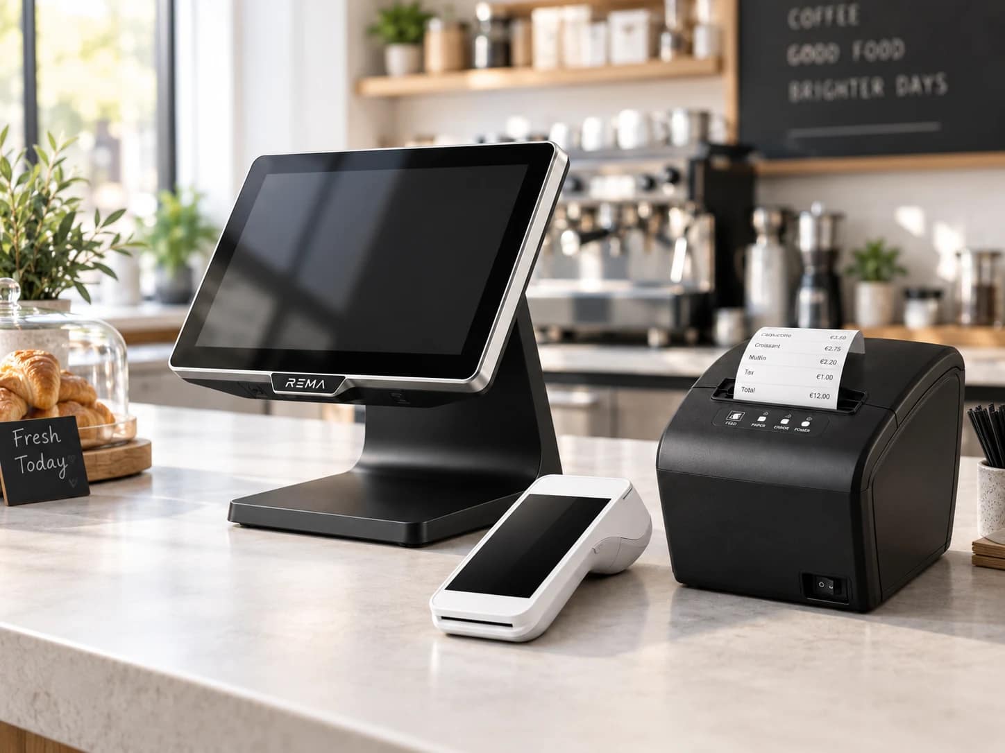 REMA-Kassenterminal, Bondrucker und Kartenterminal auf dem Tresen eines Cafés.