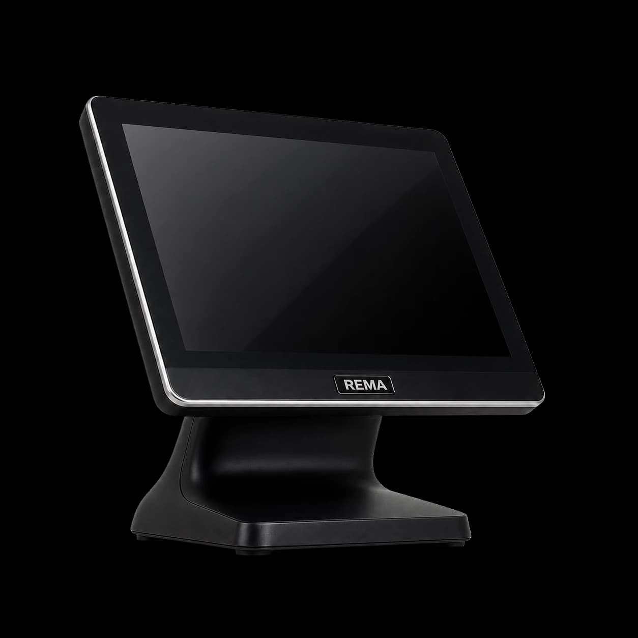 REMA Touchscreen-POS-Terminal auf schwarzem Standfuß.